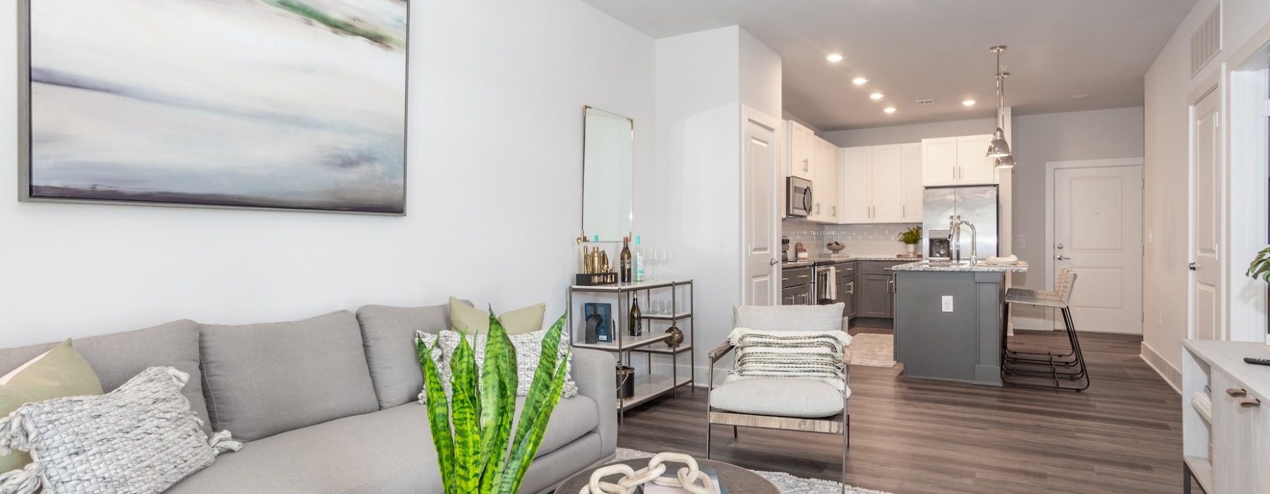 Modern living room with kitchen in the background